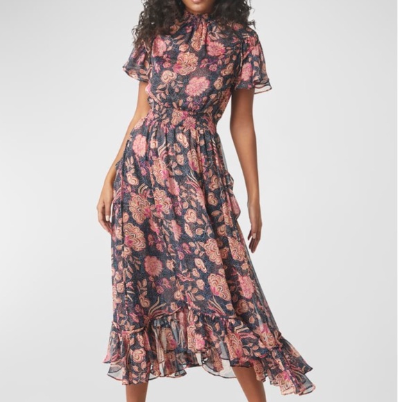 Misa Los Angeles Dresses & Skirts - MISA Los Angeles Azura Flutter-Sleeve Floral Midi Dress medium floral pink blue
